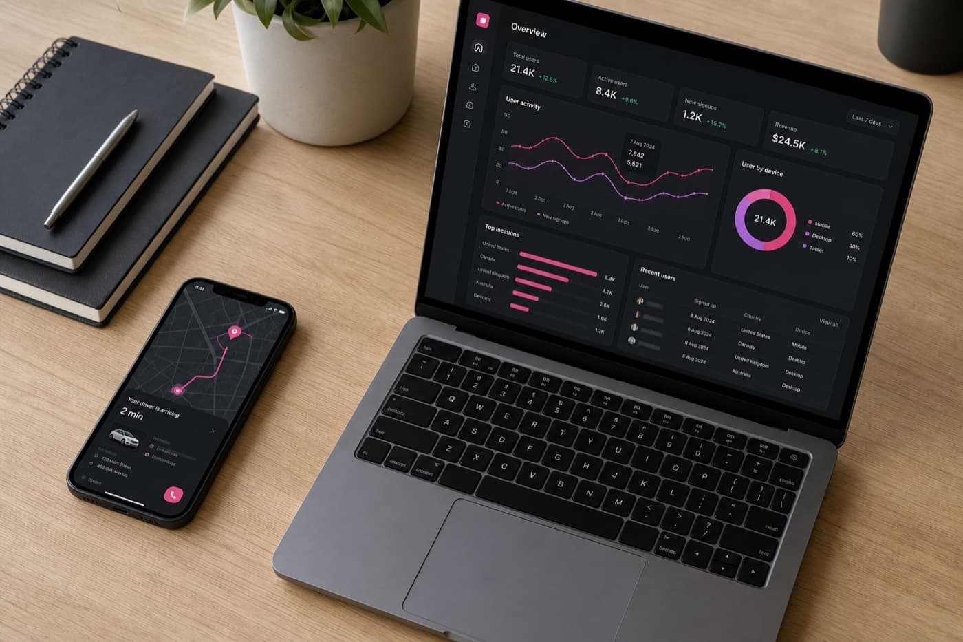 Operator dashboard and mobile app on a studio desk